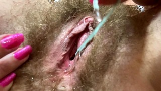 I Came Twice Midst My Period ! Close Up Hirsute Pussy Big Clit torturing Dripping Moist Orgasm