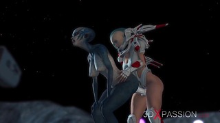 Alien Sex. Spacewoman In Spacesuit Plays With Alien On The Exoplanet