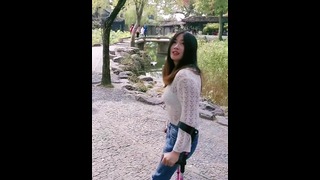 Korean Amputee Beauty Crutching In The Park