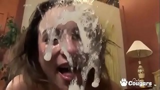 Amber Rayne Gets a Huge Messy Facial Then Licks Up the Splooge