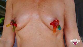 Nippleringlover Horny Milf Finger Fucking Pierced Nipple Inserting Candy In Stretched Nipple Holes