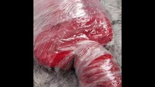 Nana Mummified With Red Plastic Tape And Then Played With For Orgasms